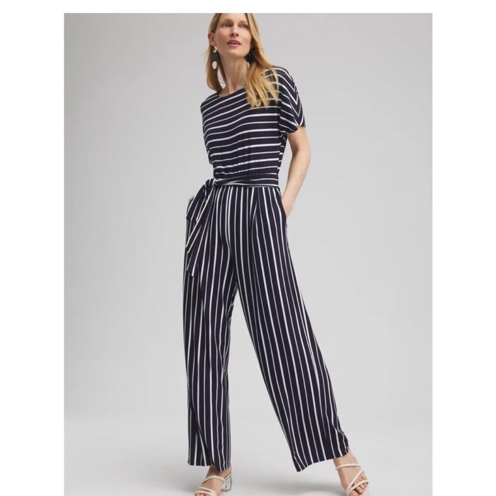 Chico’s Black & White striped wide leg jumpsuit